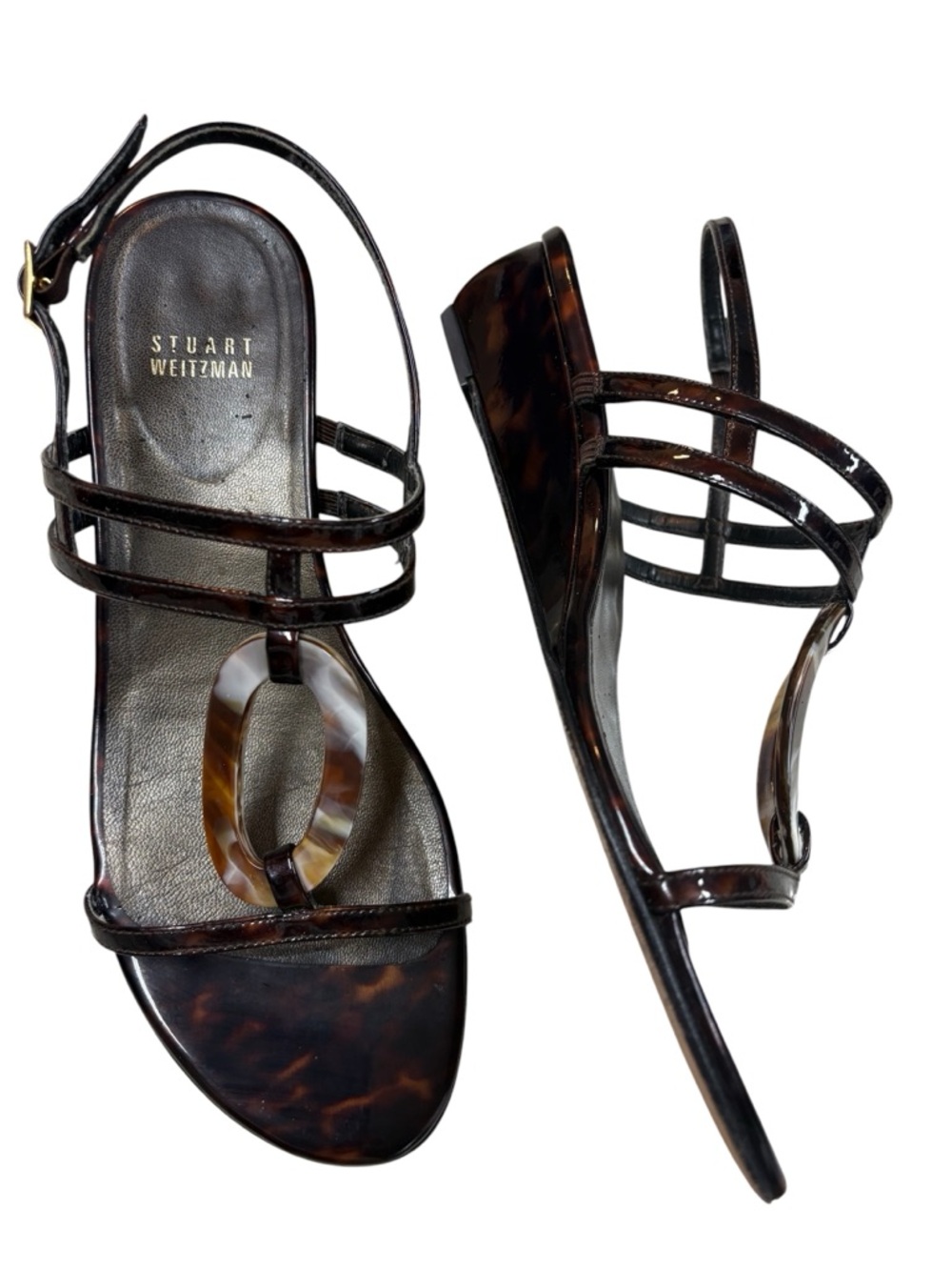 Stuart Weitzman Tortoiseshell Strappy Wedge Sandals Dark Brown Women’s 8 Classy